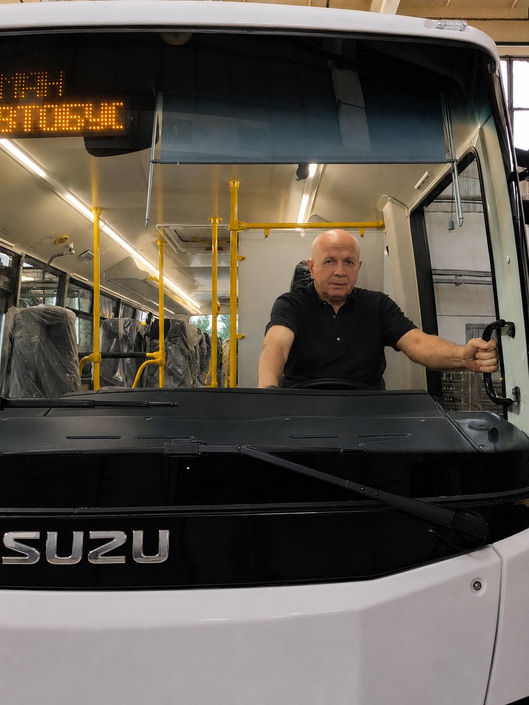 Новий автобус ISUZU із сонцезахисною ролетою PRiS System для водія, готовий до експлуатації після встановлення.